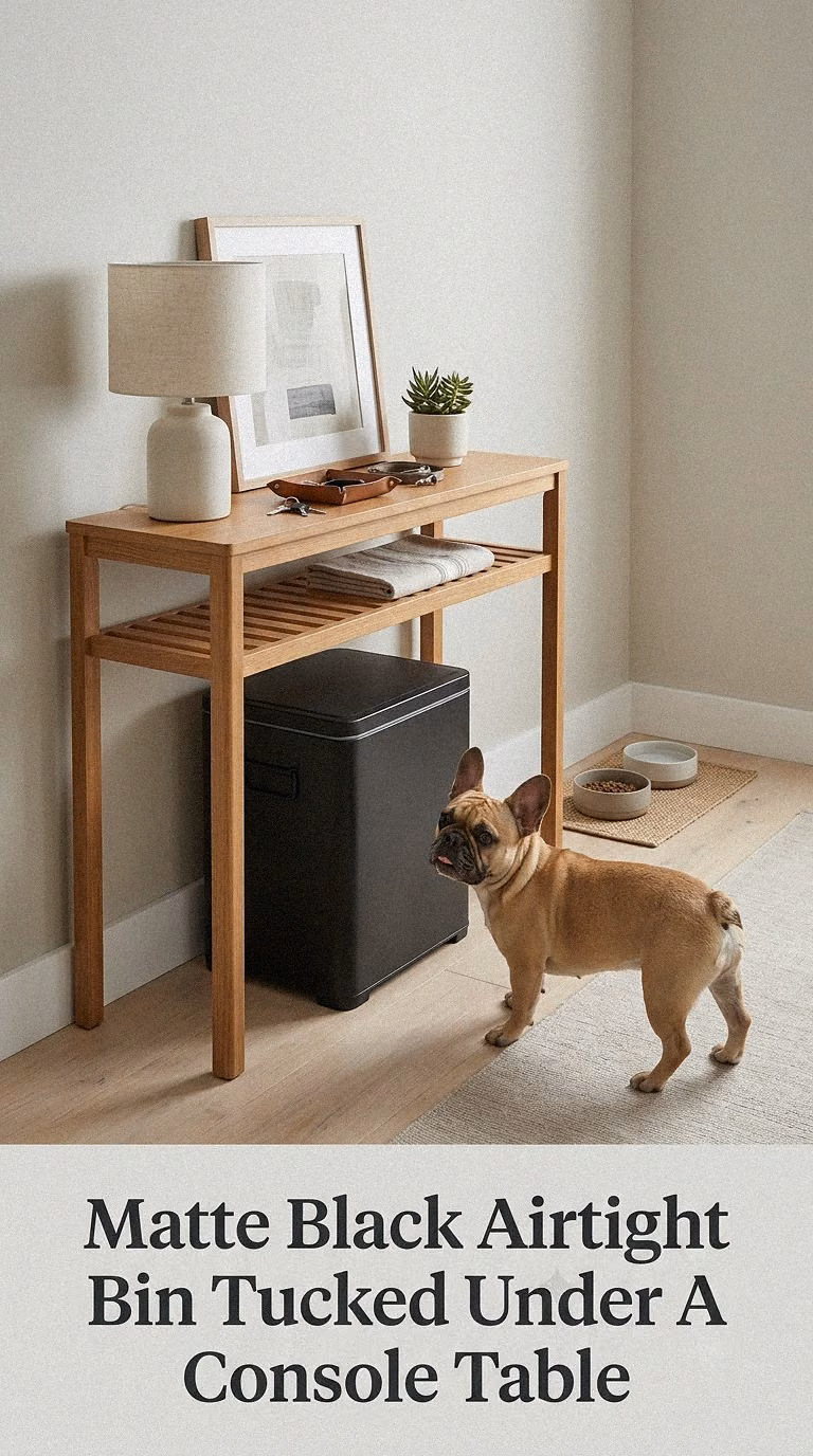 Matte Black Airtight Bin Tucked Under A Console Table