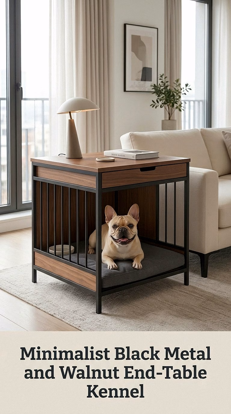 Minimalist Black Metal and Walnut End-Table Kennel