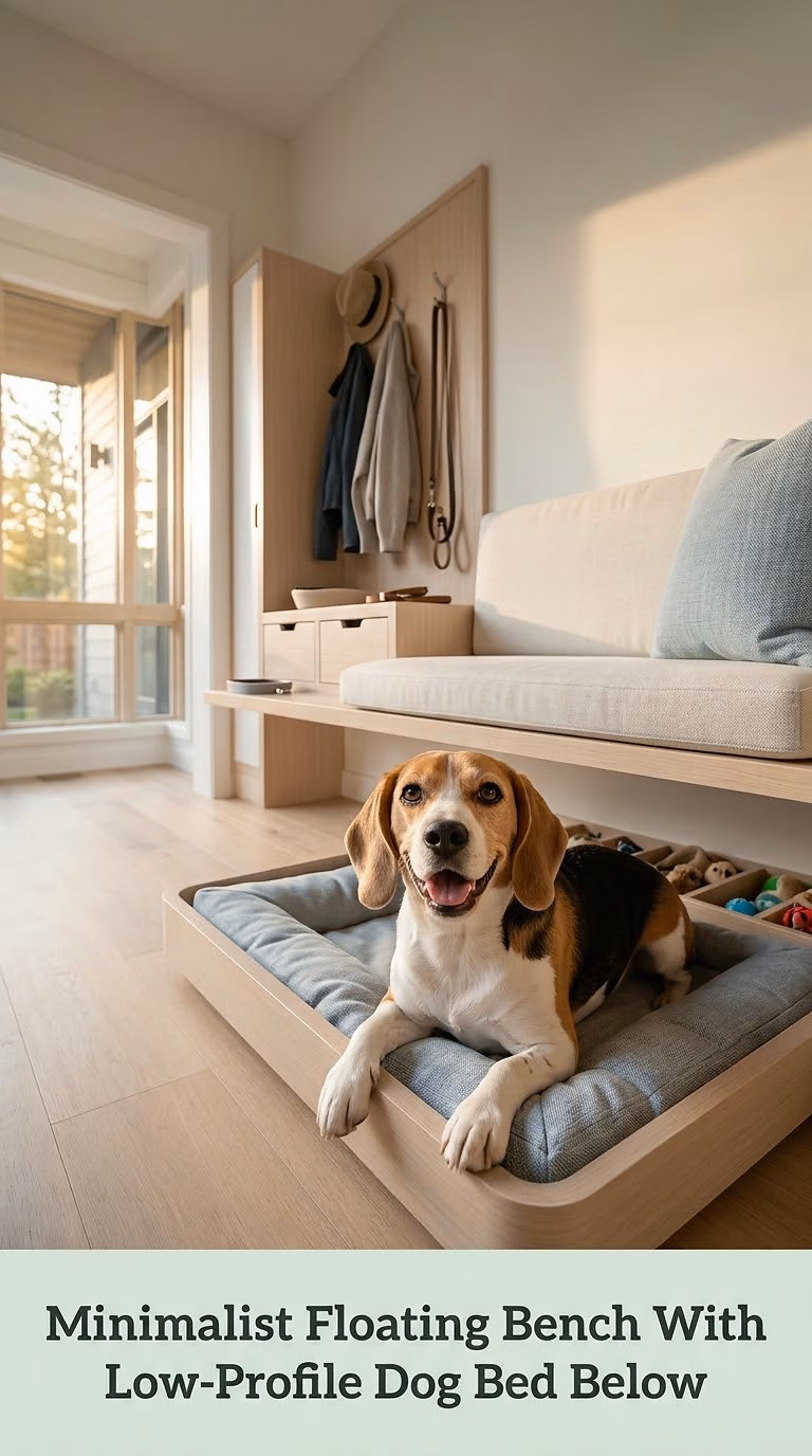 Minimalist Floating Bench With Low-Profile Dog Bed Below