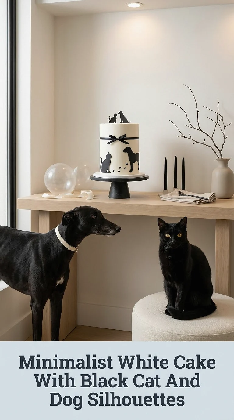 Minimalist White Cake With Black Cat And Dog Silhouettes