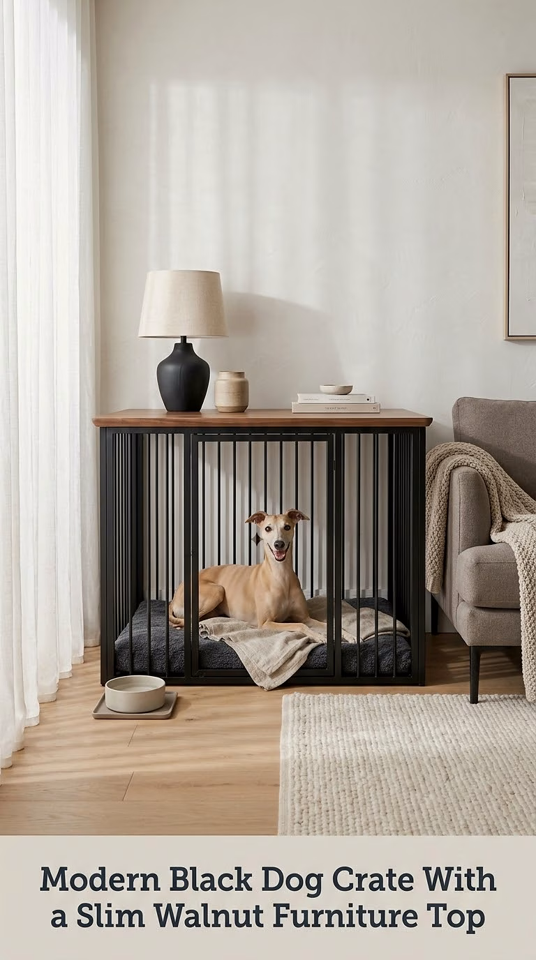 Modern Black Dog Crate With a Slim Walnut Furniture Top