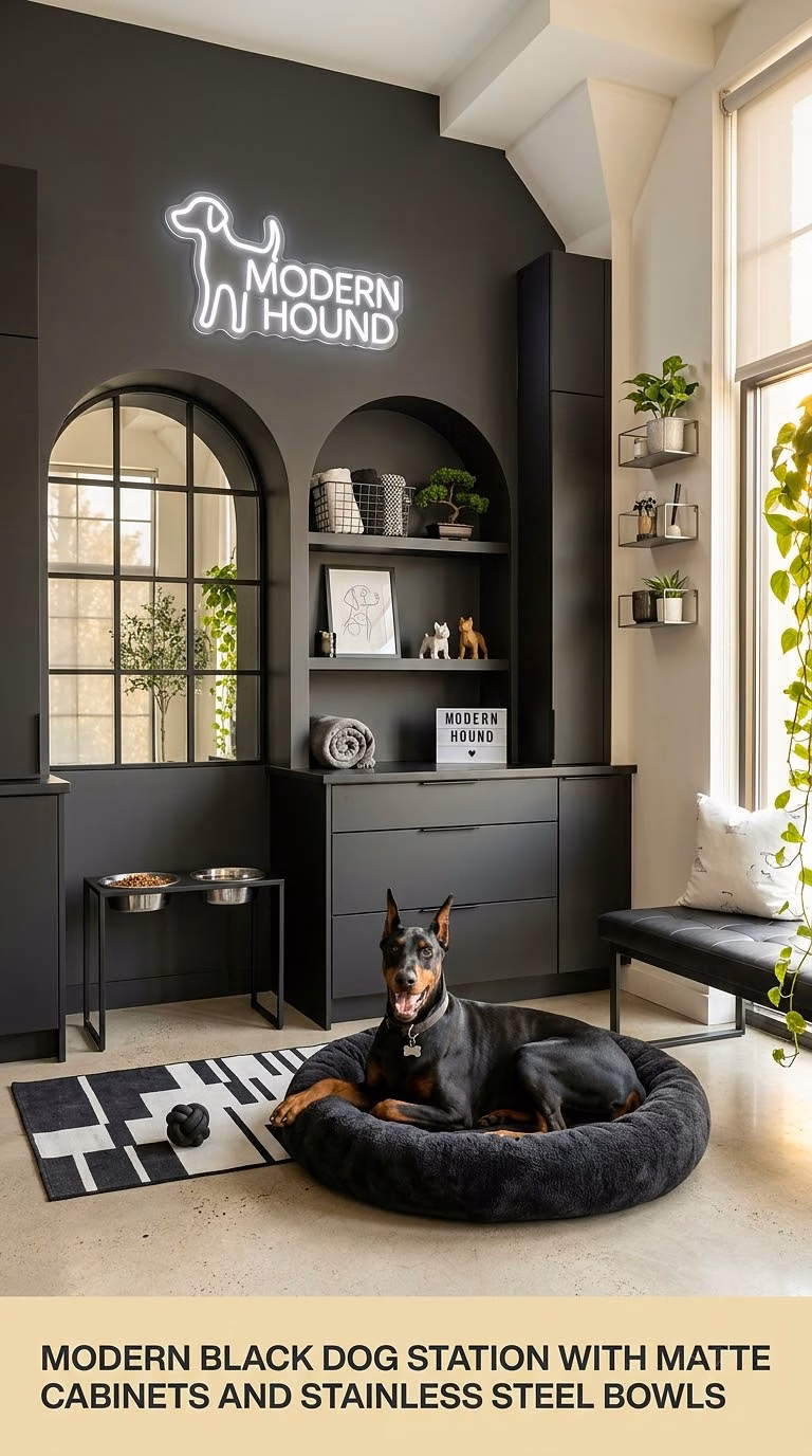 4. Modern Black Dog Station With Matte Cabinets and Stainless Steel Bowls