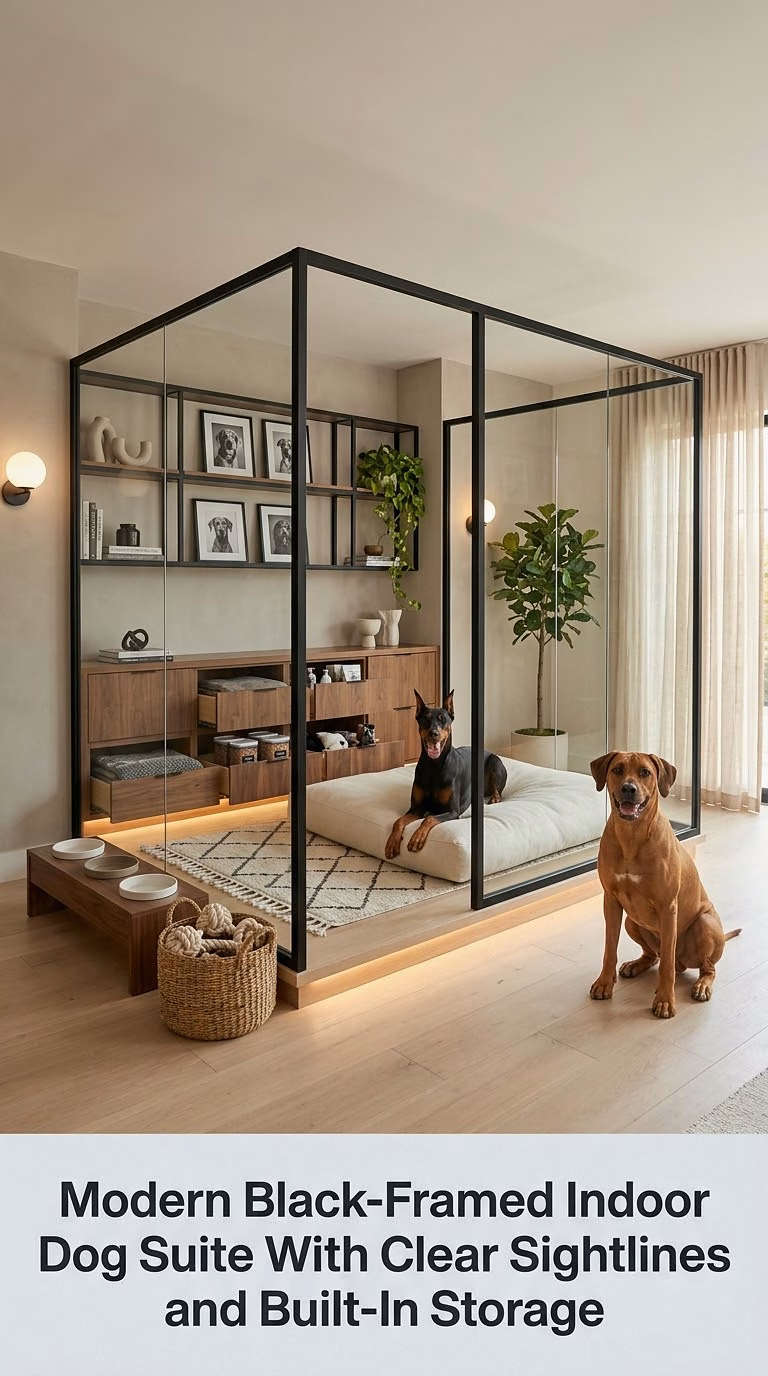 4. Modern Black-Framed Indoor Dog Suite With Clear Sightlines and Built-In Storage
