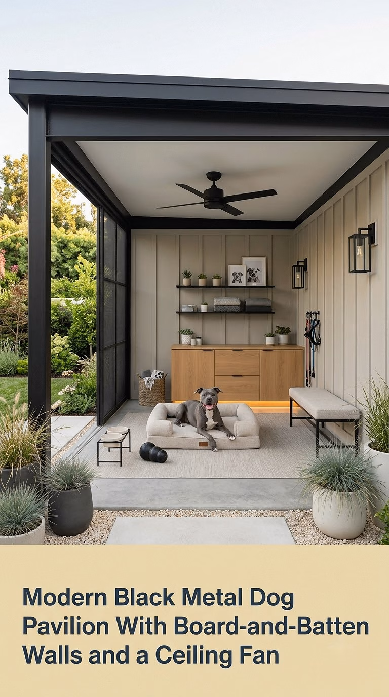 4. Modern Black Metal Dog Pavilion With Board-and-Batten Walls and a Ceiling Fan