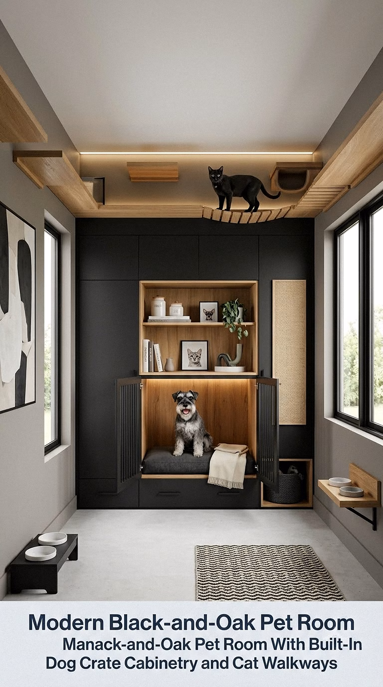 4. Modern Black-and-Oak Pet Room With Built-In Dog Crate Cabinetry and Cat Walkways