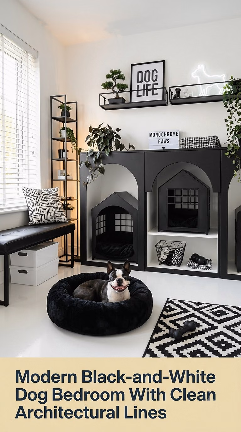 4. Modern Black-and-White Dog Bedroom With Clean Architectural Lines