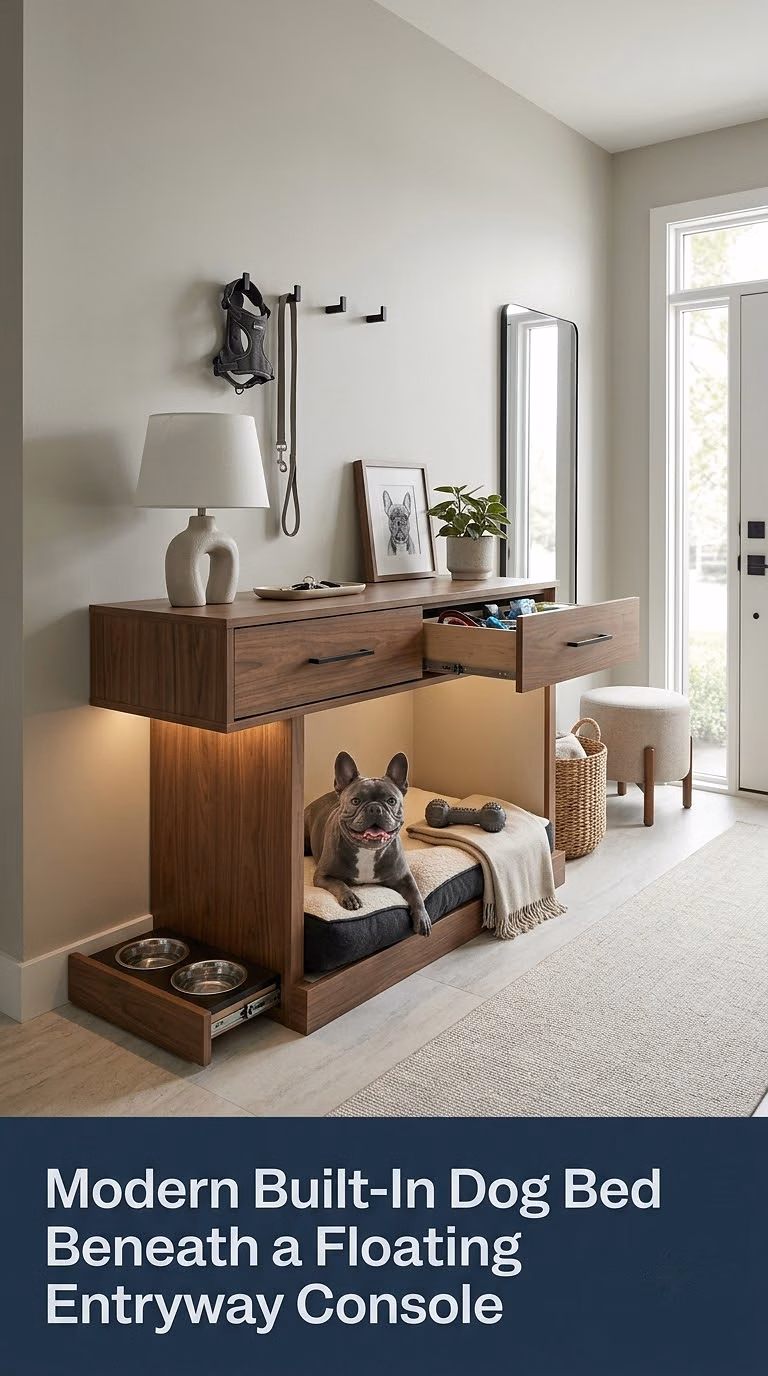 4. Modern Built-In Dog Bed Beneath a Floating Entryway Console