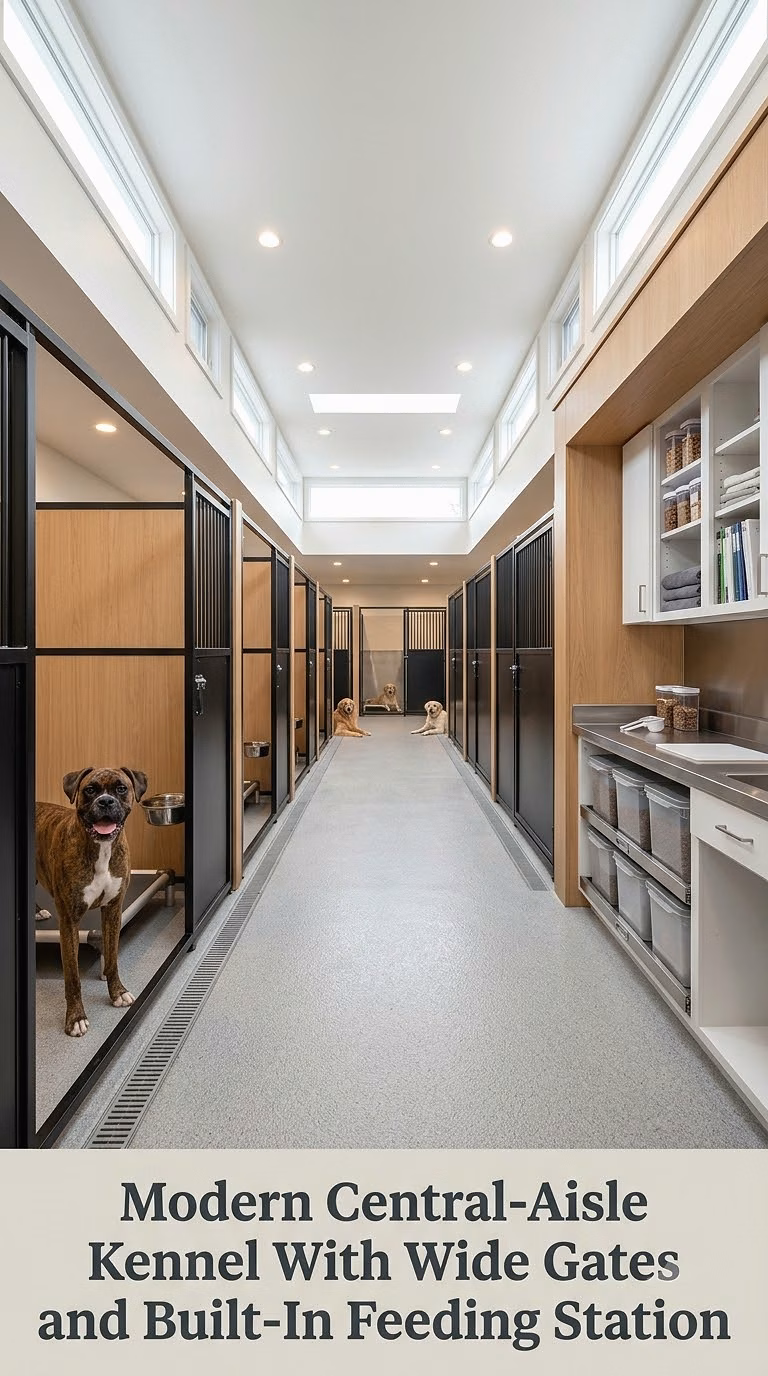 Modern Central-Aisle Kennel With Wide Gates and Built-In Feeding Station
