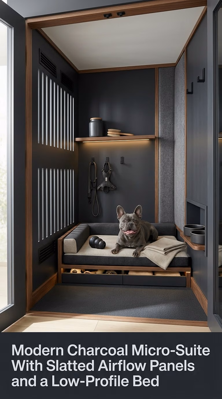 4. Modern Charcoal Micro-Suite With Slatted Airflow Panels and a Low-Profile Bed