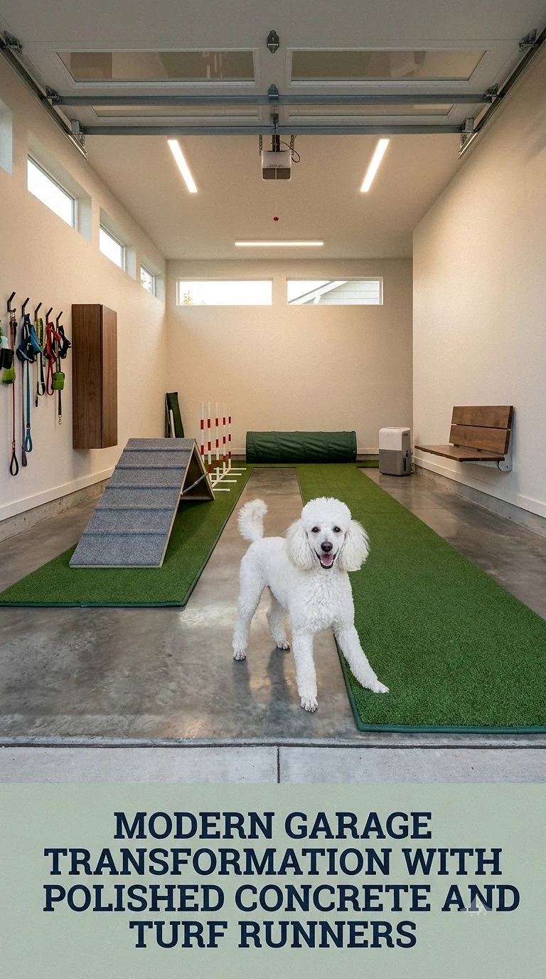 Modern Garage Transformation With Polished Concrete And Turf Runners