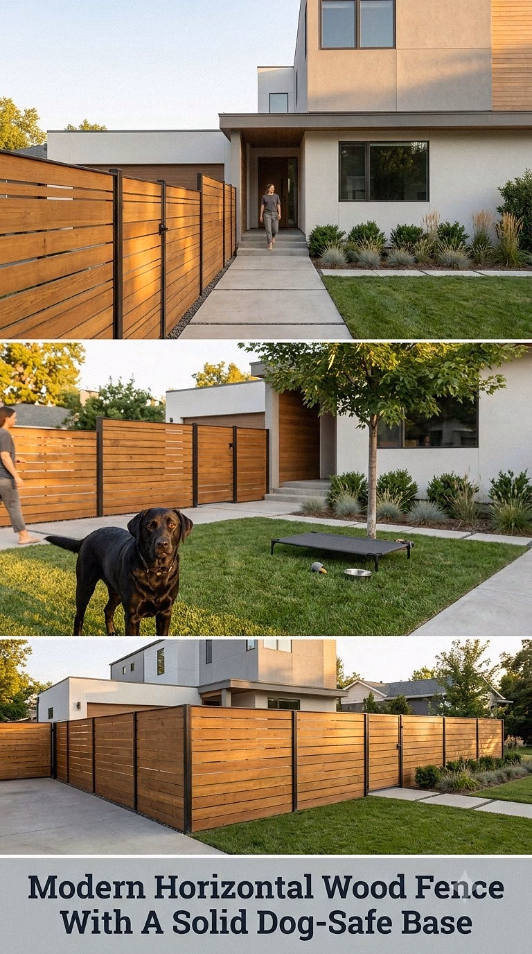 Modern Horizontal Wood Fence With A Solid Dog-Safe Base