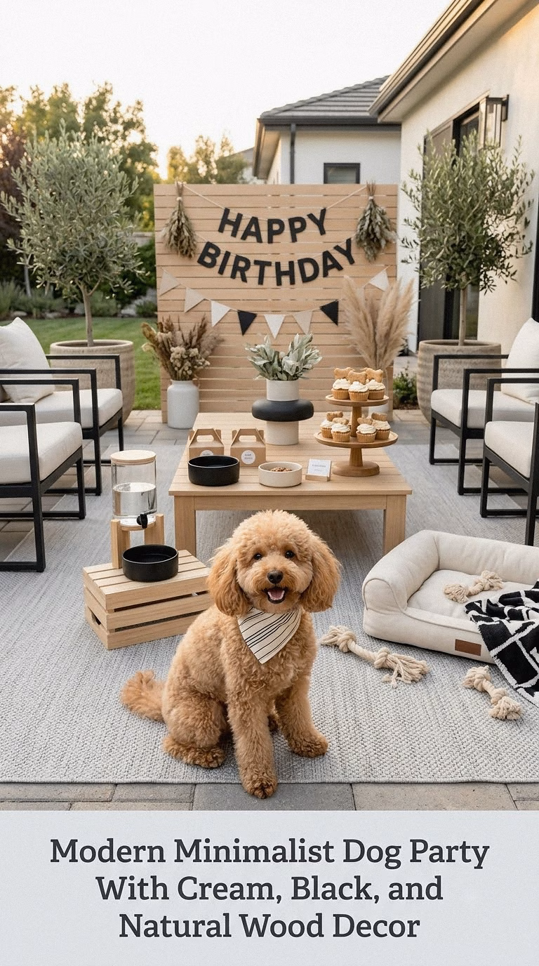 Modern Minimalist Dog Party With Cream, Black, and Natural Wood Decor