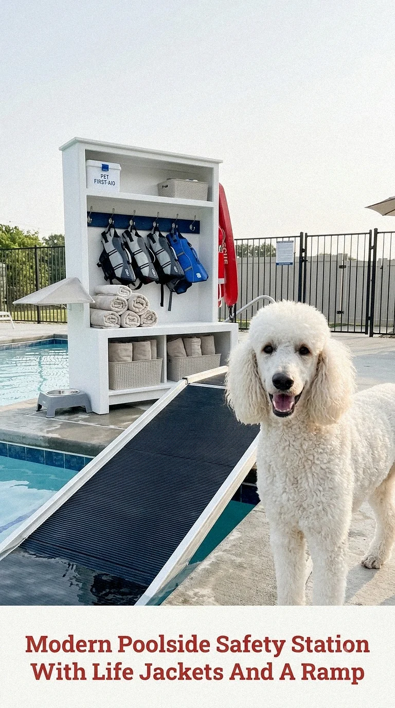 Modern Poolside Safety Station With Life Jackets And A Ramp