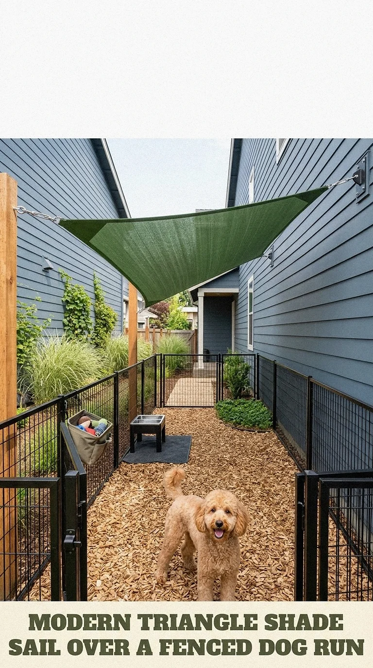 Modern Triangle Shade Sail Over A Fenced Dog Run