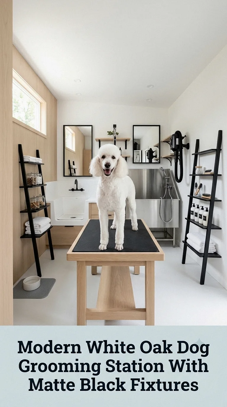 Modern White Oak Dog Grooming Station With Matte Black Fixtures