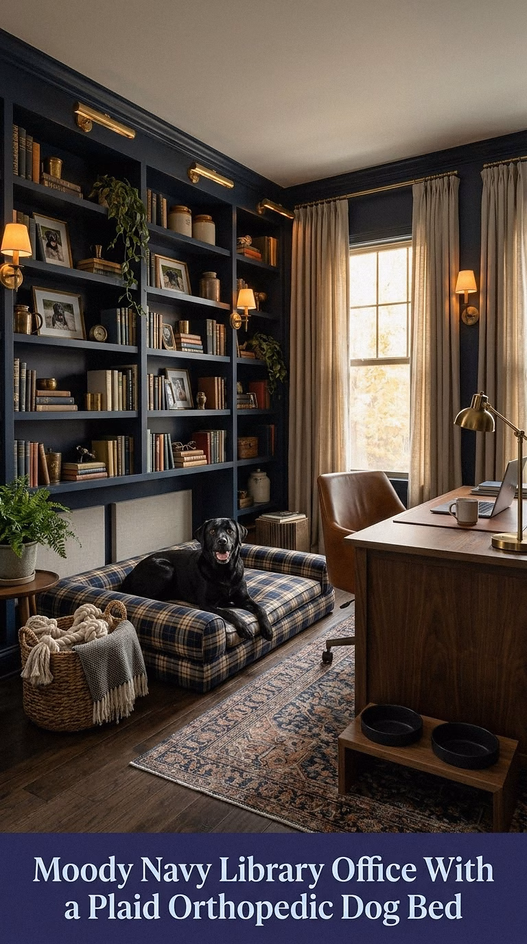 Moody Navy Library Office With a Plaid Orthopedic Dog Bed