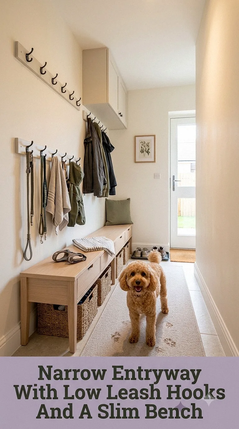 Narrow Entryway With Low Leash Hooks And A Slim Bench