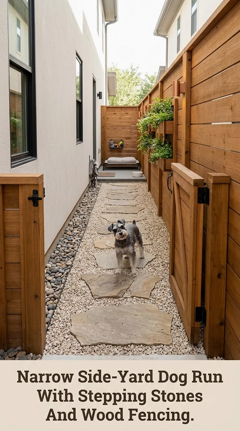 Narrow Side-Yard Dog Run With Stepping Stones And Wood Fencing