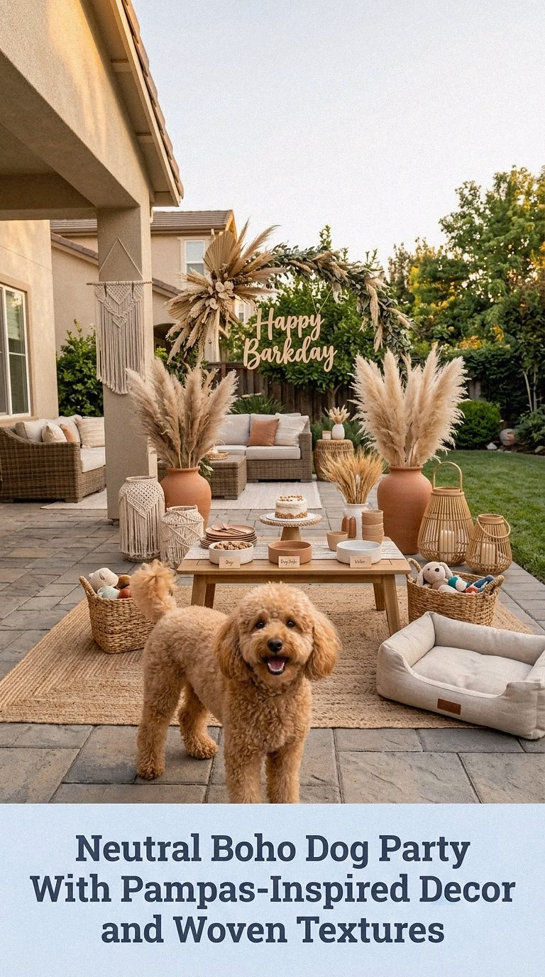 Neutral Boho Dog Party With Pampas-Inspired Decor and Woven Textures