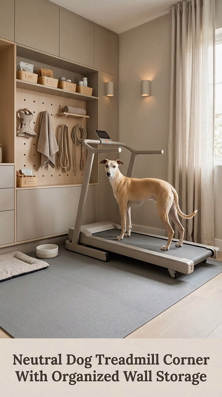 Neutral Dog Treadmill Corner With Organized Wall Storage