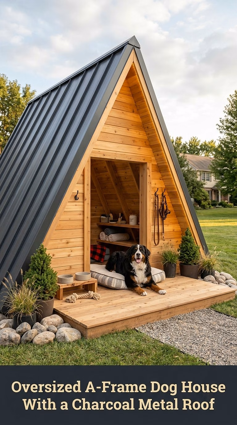 4. Oversized A-Frame Dog House With a Charcoal Metal Roof