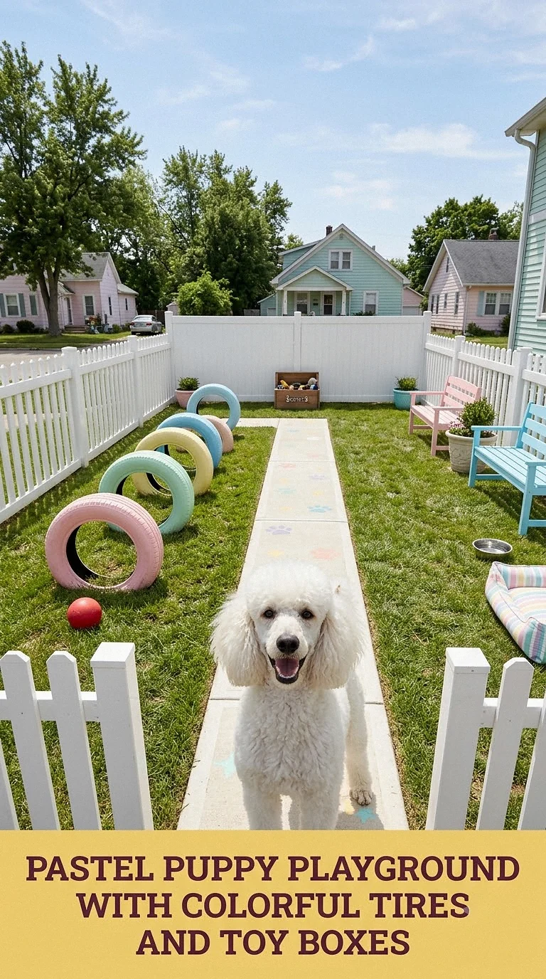Pastel Puppy Playground With Colorful Tires And Toy Boxes