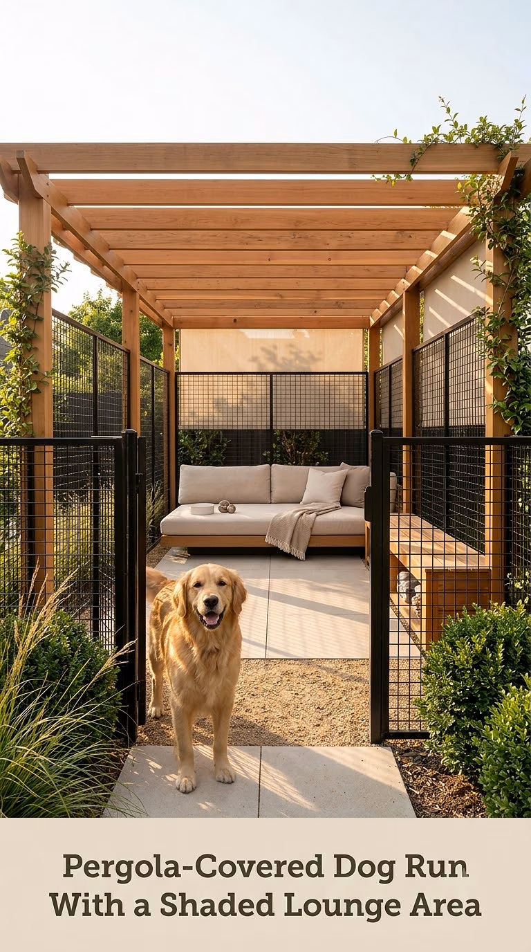 Pergola-Covered Dog Run With a Shaded Lounge Area