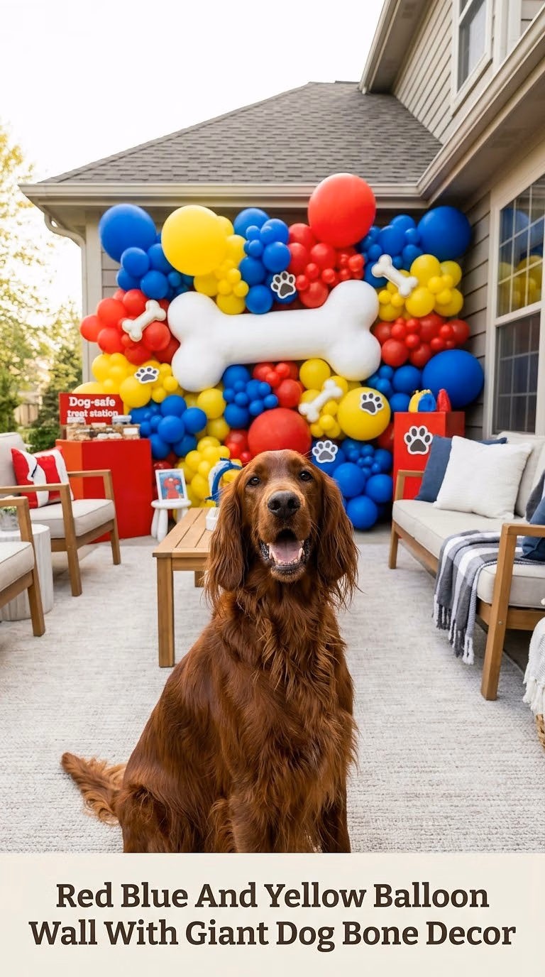 Red Blue And Yellow Balloon Wall With Giant Dog Bone Decor