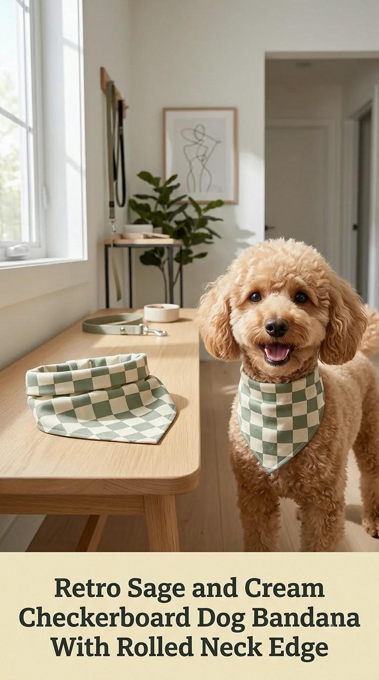 Retro Sage and Cream Checkerboard Dog Bandana With Rolled Neck Edge