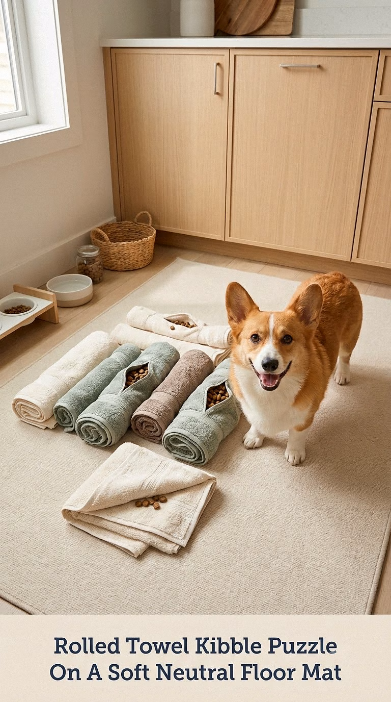 Rolled Towel Kibble Puzzle On A Soft Neutral Floor Mat