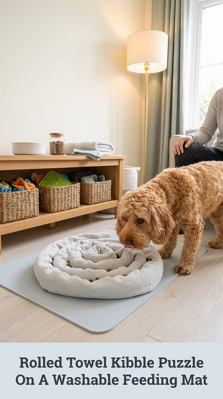 Rolled Towel Kibble Puzzle On A Washable Feeding Mat
