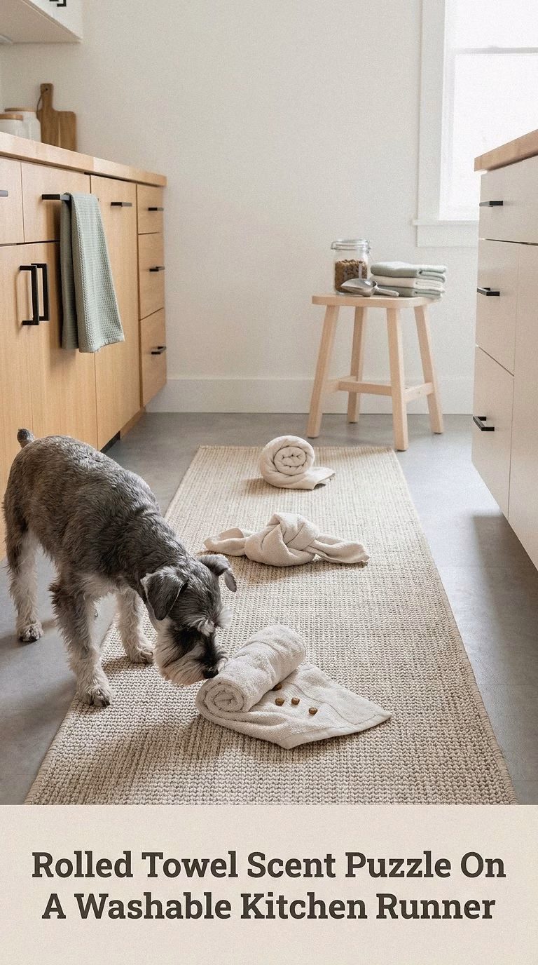 Rolled Towel Scent Puzzle On A Washable Kitchen Runner