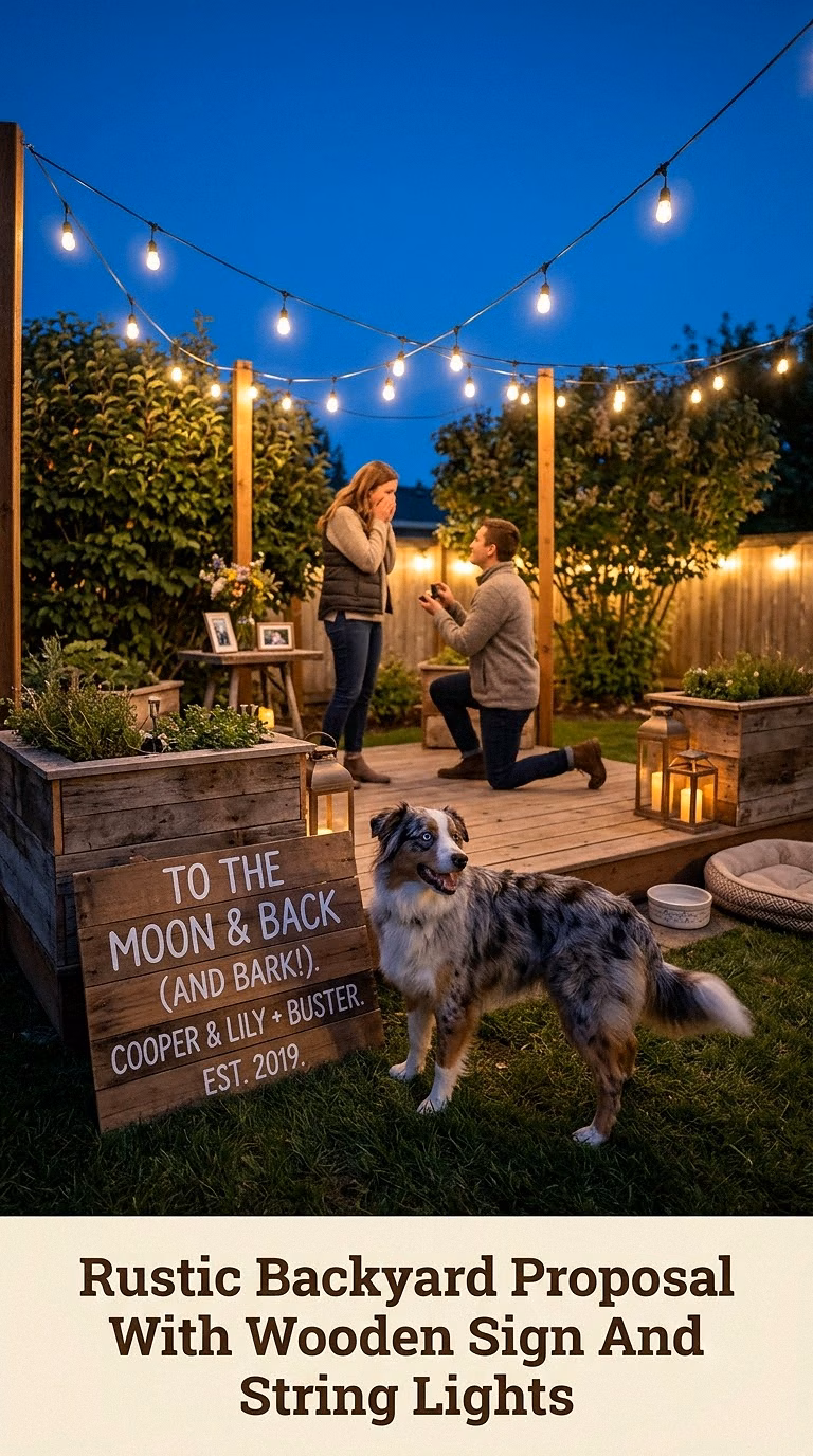 Rustic Backyard Proposal With Wooden Sign And String Lights