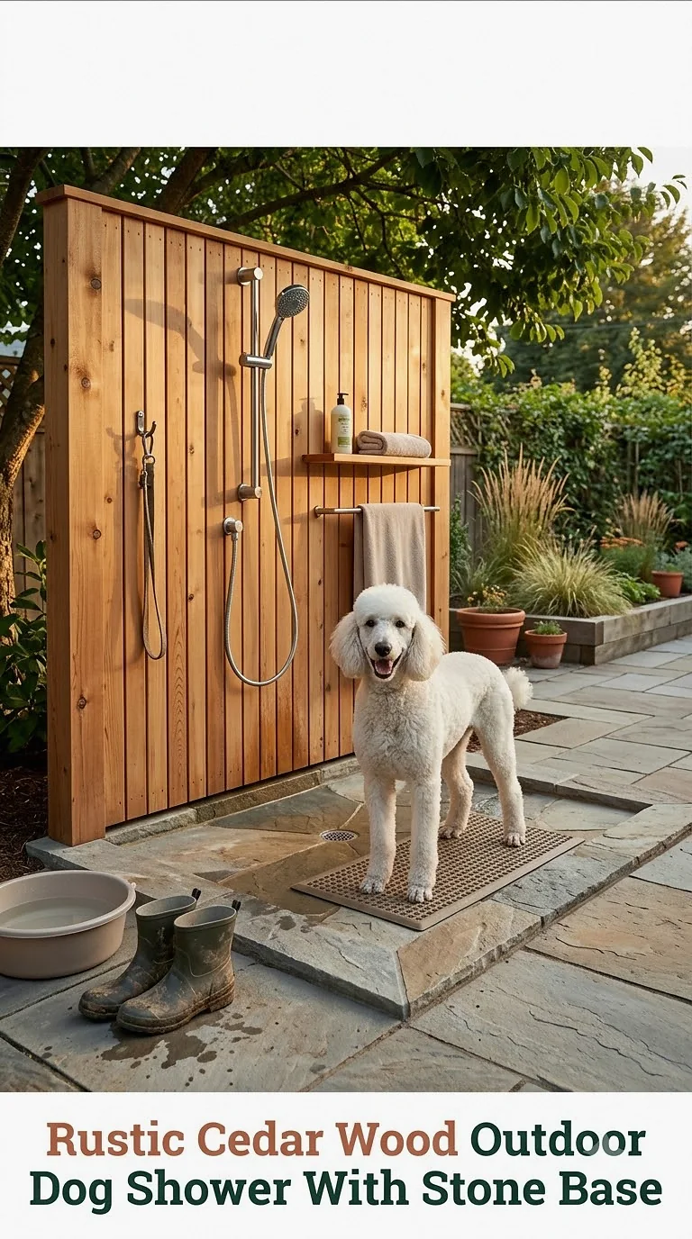 Rustic Cedar Wood Outdoor Dog Shower With Stone Base