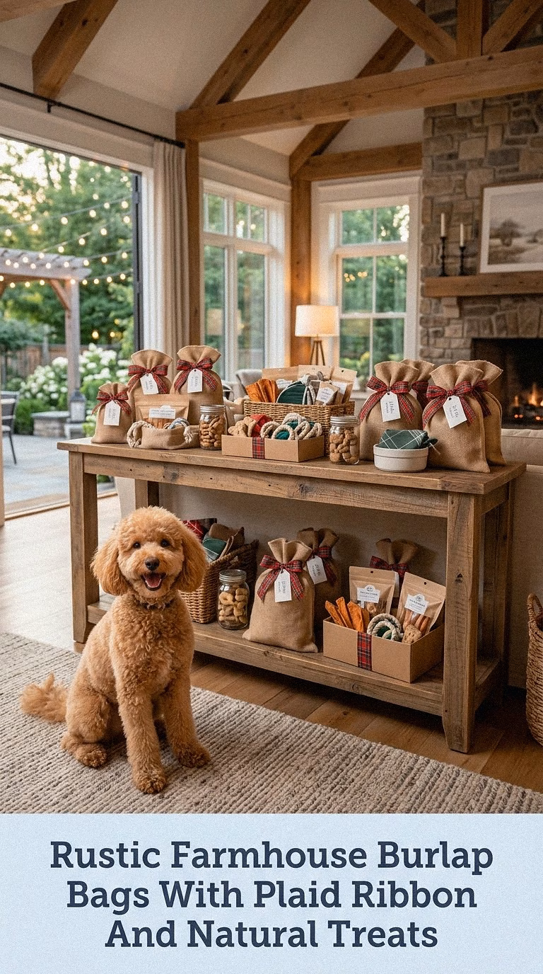 Rustic Farmhouse Burlap Bags With Plaid Ribbon And Natural Treats