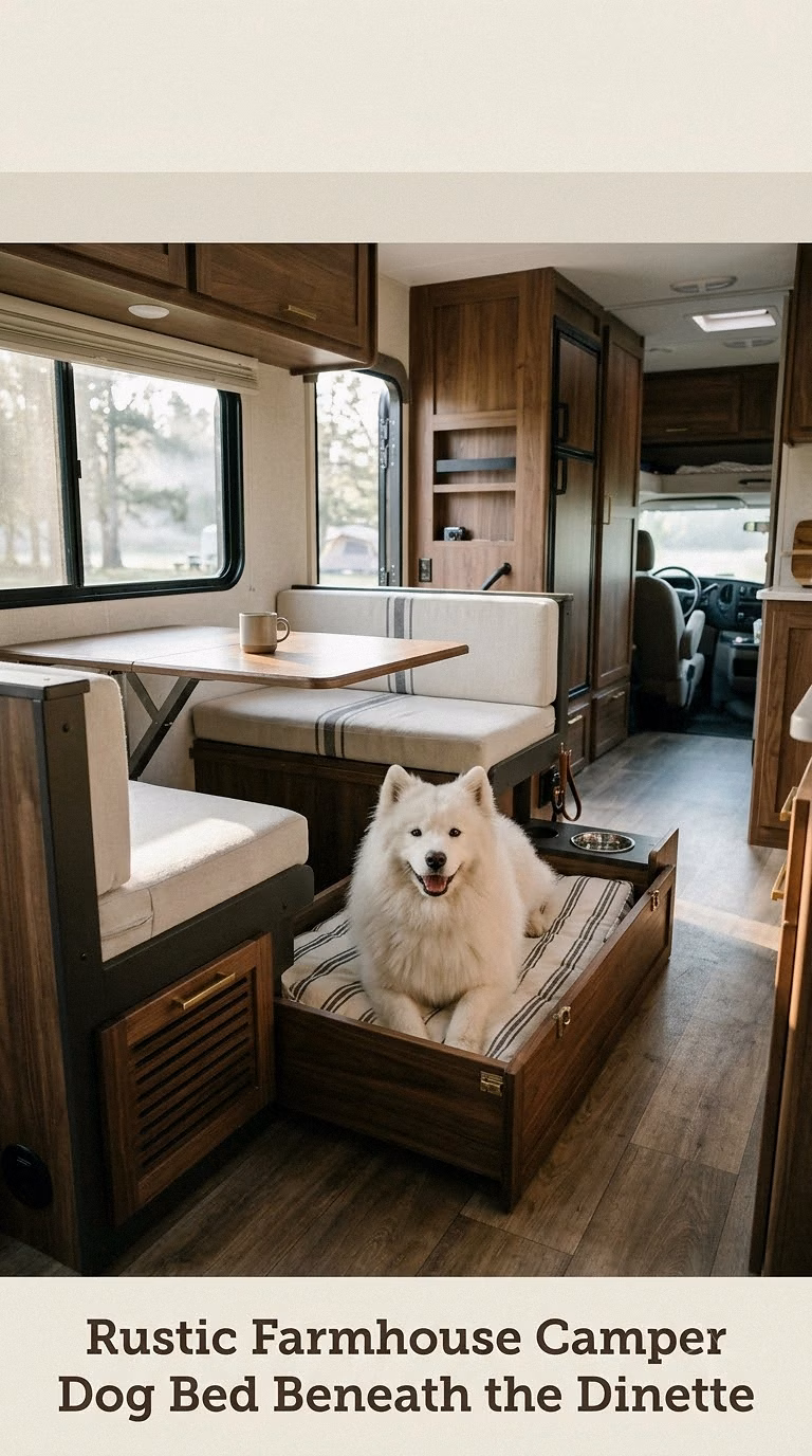 Rustic Farmhouse Camper Dog Bed Beneath the Dinette