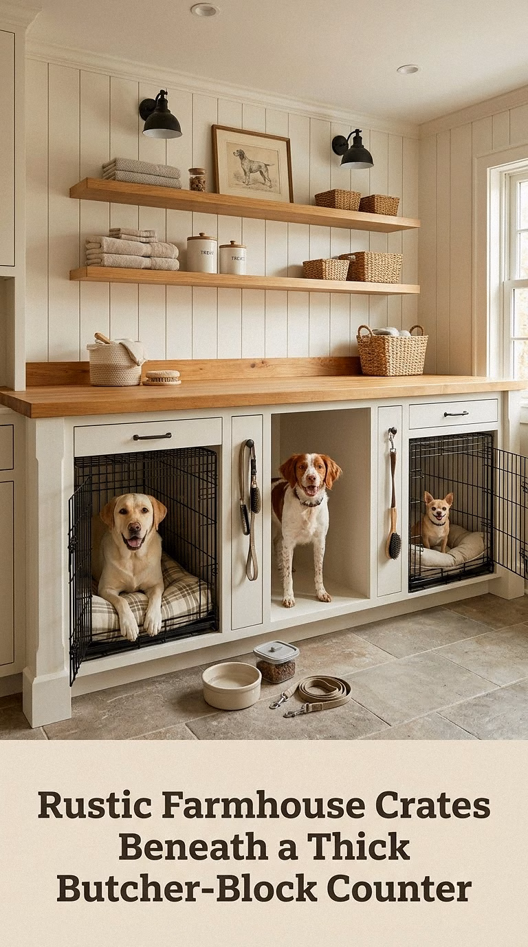 Rustic Farmhouse Crates Beneath a Thick Butcher-Block Counter