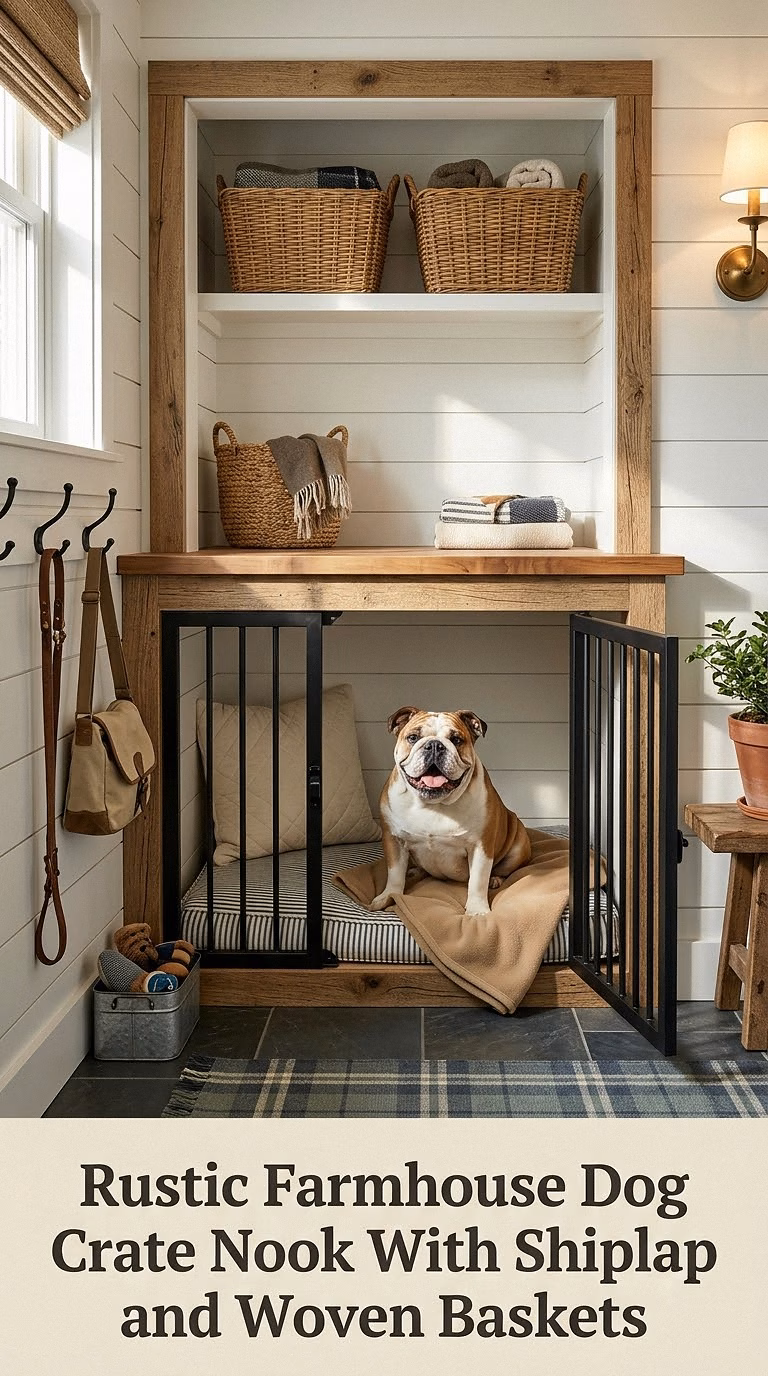 Rustic Farmhouse Dog Crate Nook With Shiplap and Woven Baskets