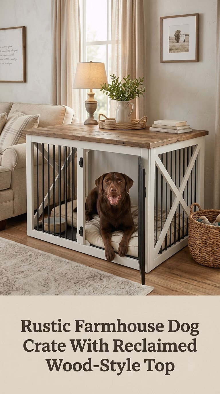 Rustic Farmhouse Dog Crate With Reclaimed Wood-Style Top