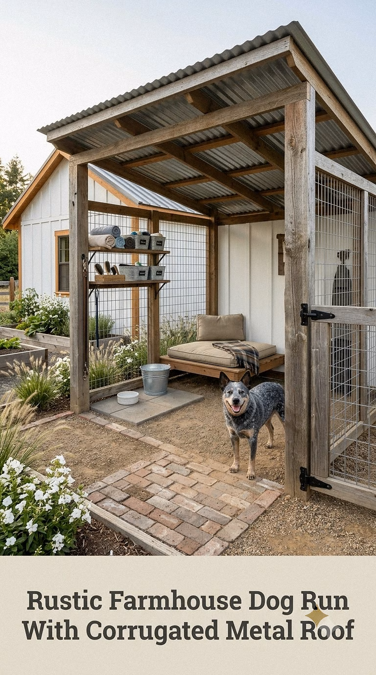 Rustic Farmhouse Dog Run With Corrugated Metal Roof