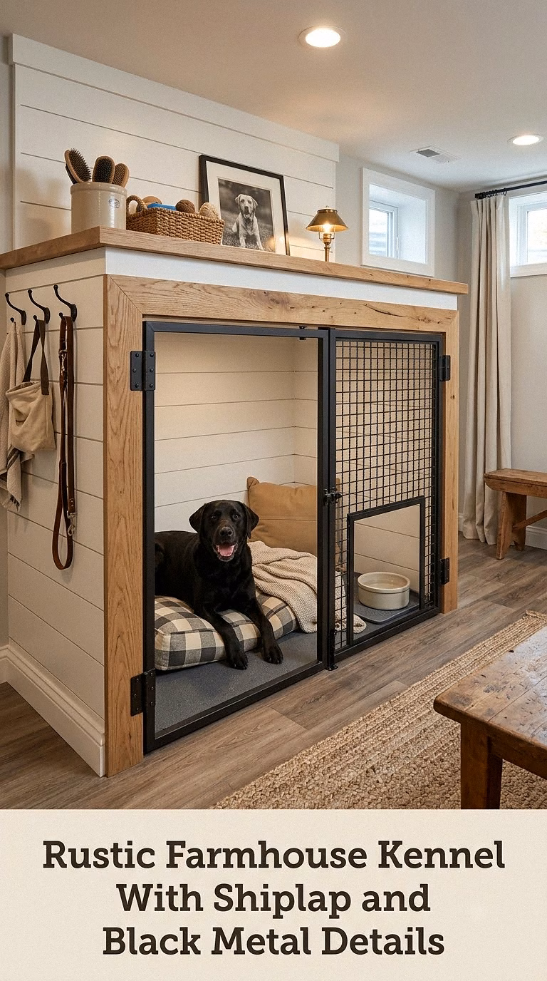 Rustic Farmhouse Kennel With Shiplap and Black Metal Details