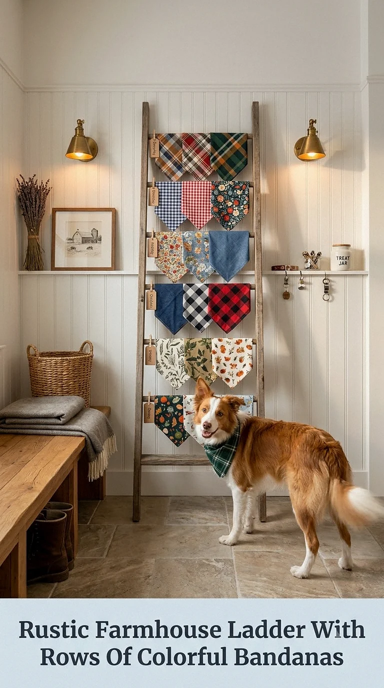 Rustic Farmhouse Ladder With Rows Of Colorful Bandanas
