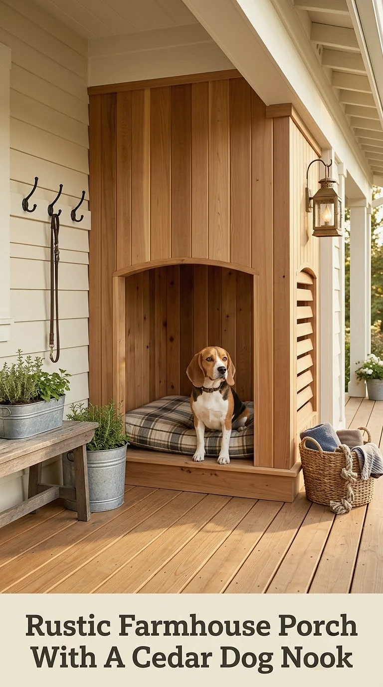Rustic Farmhouse Porch With A Cedar Dog Nook
