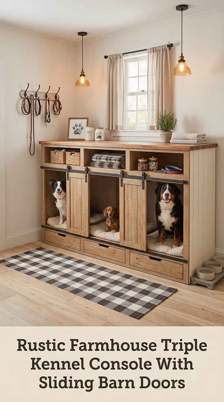 Rustic Farmhouse Triple Kennel Console With Sliding Barn Doors