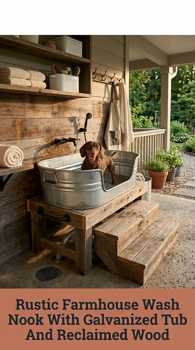 Rustic Farmhouse Wash Nook With Galvanized Tub And Reclaimed Wood