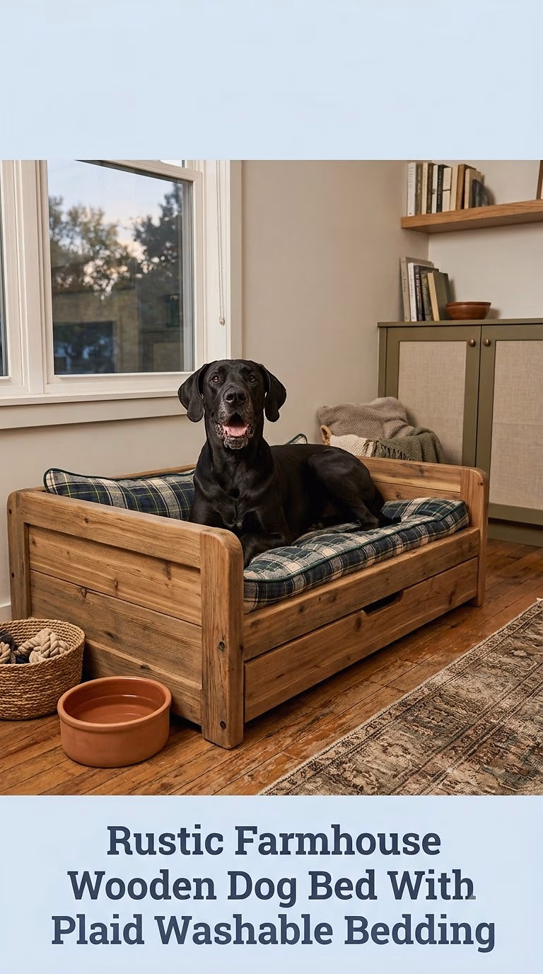 Rustic Farmhouse Wooden Dog Bed With Plaid Washable Bedding