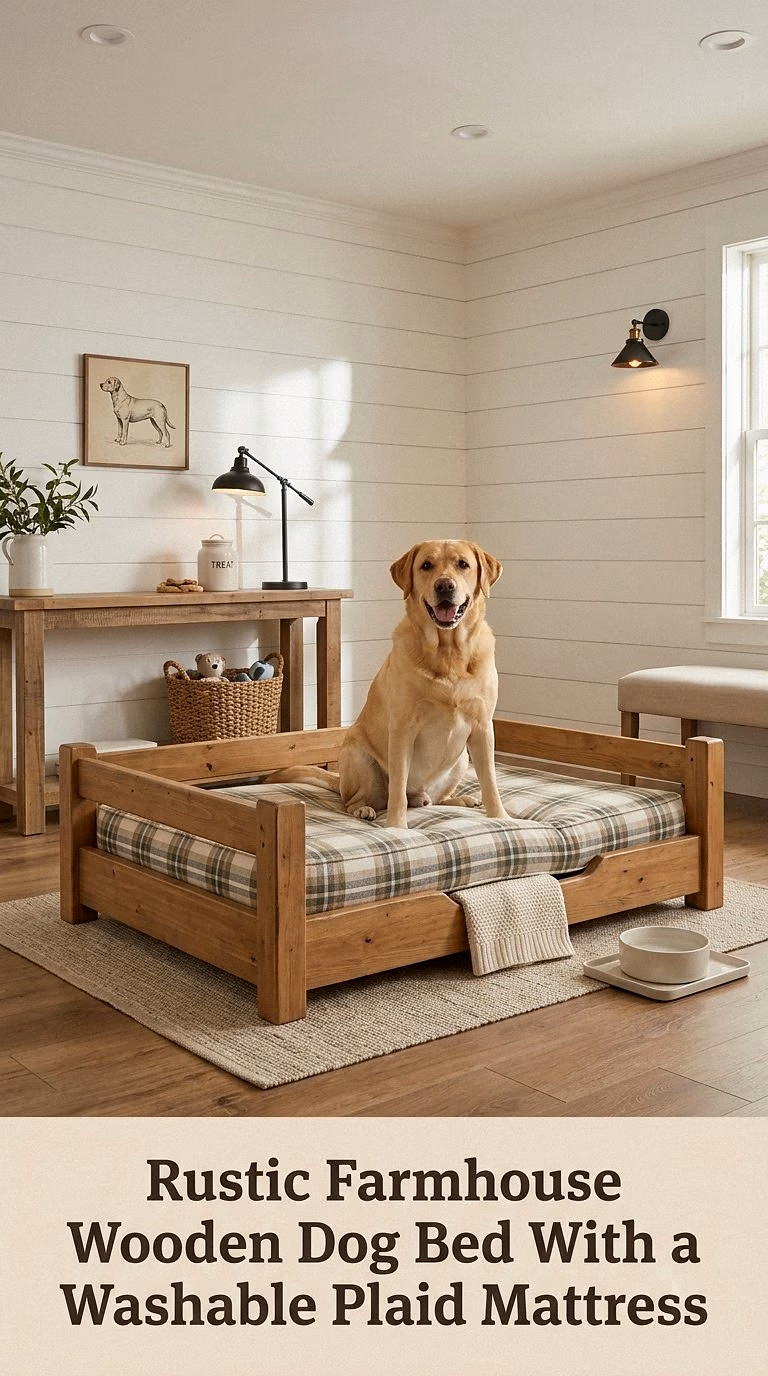 Rustic Farmhouse Wooden Dog Bed With a Washable Plaid Mattress
