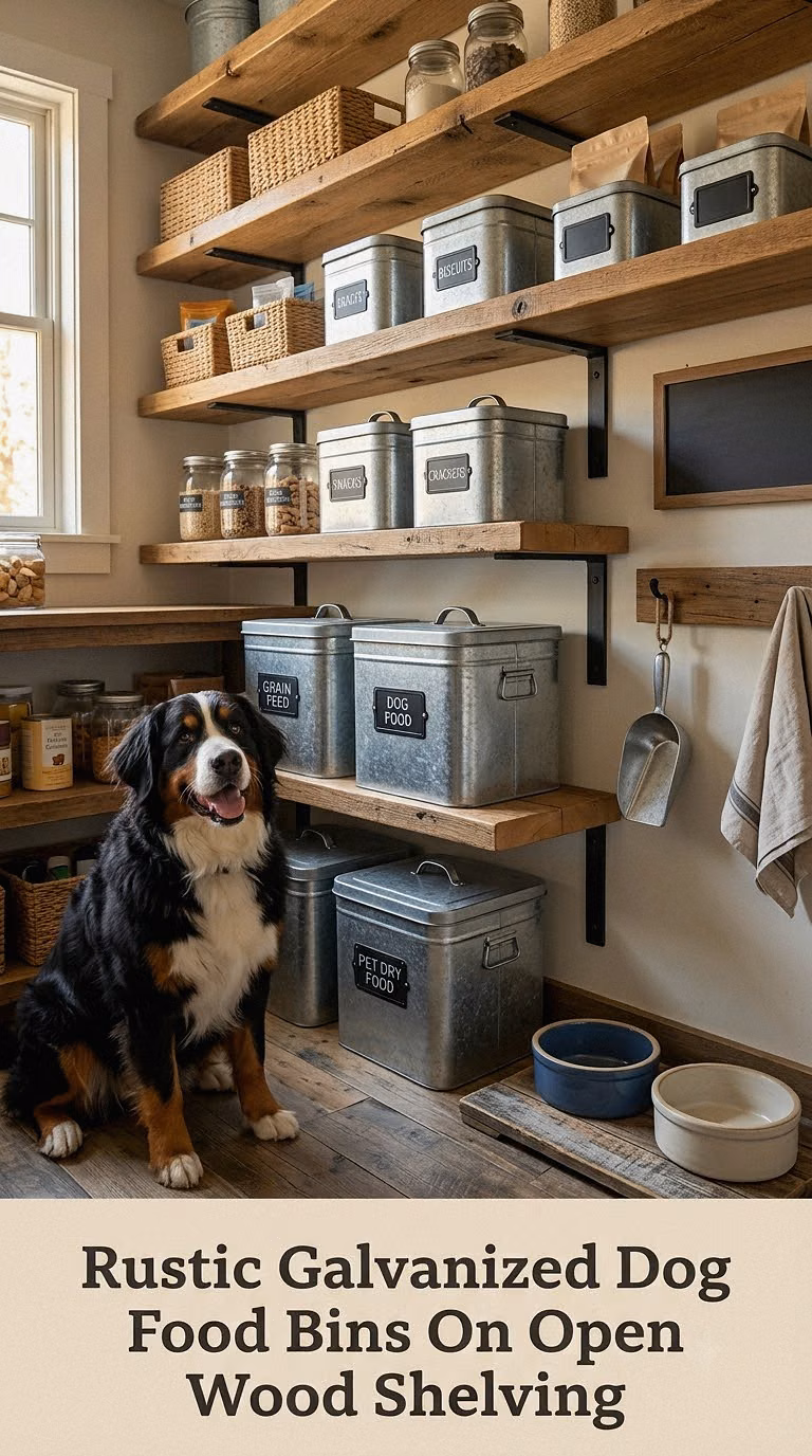 Rustic Galvanized Dog Food Bins On Open Wood Shelving