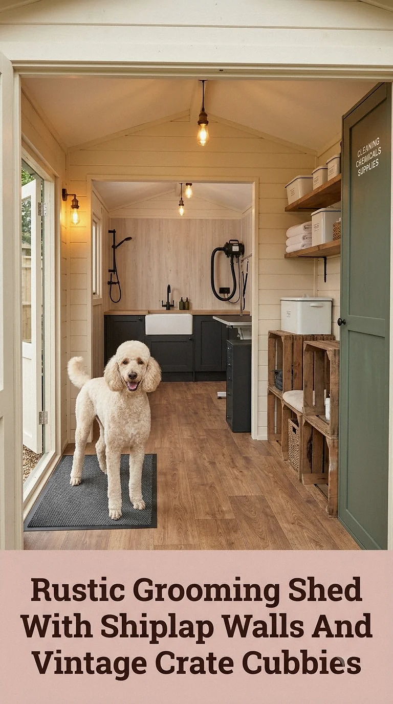 Rustic Grooming Shed With Shiplap Walls And Vintage Crate Cubbies