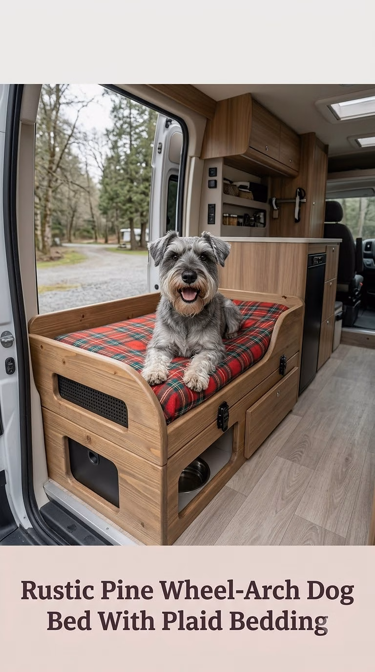 Rustic Pine Wheel-Arch Dog Bed With Plaid Bedding